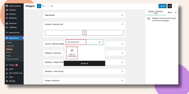 image | BuddyBoss This screenshot shows how to the My Connections Widget can be added