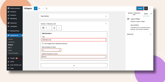 image | BuddyBoss This screenshot shows how the members widget can be configured
