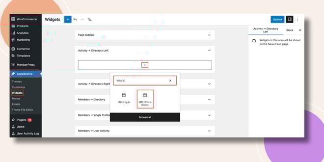 image | BuddyBoss This screenshot shows how the Who's online widget can be added.