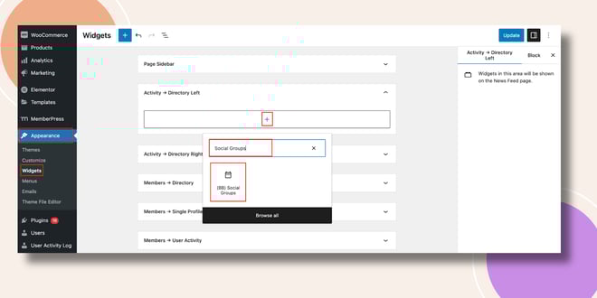 image | BuddyBoss This screenshot shows how the Social Groups Widget can be added