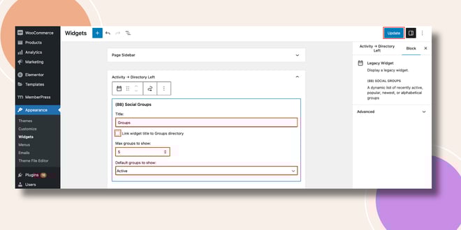 image | BuddyBoss This screenshot shows how the Social Groups Widget can be configured