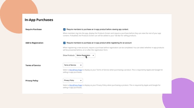 This screenshot shows where to enable the option to Require members to purchase an in app product while registering for an account