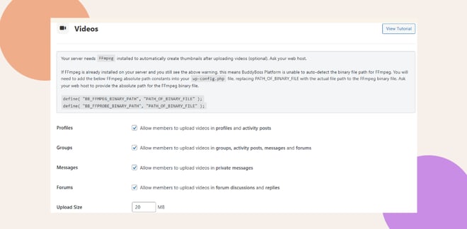 image | BuddyBoss This screenshot shows where you can enable the video upload option