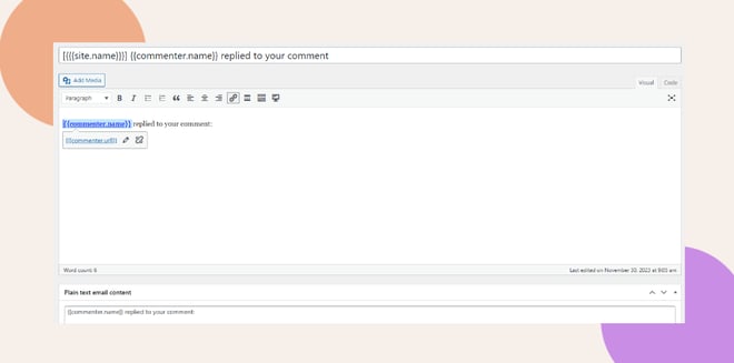 This screenshot shows where to customize a notification email