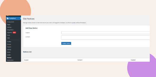 This screenshot shows where you can add site notices
