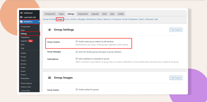 This screenshots shows where to enable the social group creation