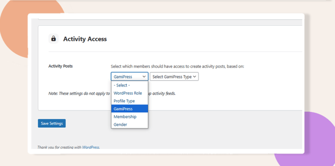This screenshot shows where to configure the activity post control