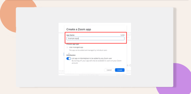 This screenshot shows the build app section where you can choose Zoom App 