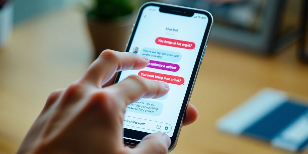 A close up of a smiling customer interacting with a chatbot