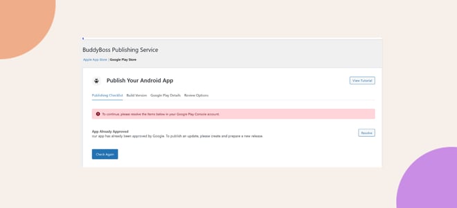 This screenshot shows how the publishing error app already approved looks like