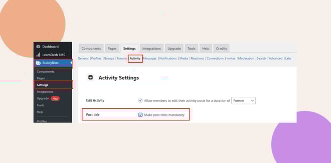 This screenhot shows where you can   set if you will require users to use post titles when creating activity posts