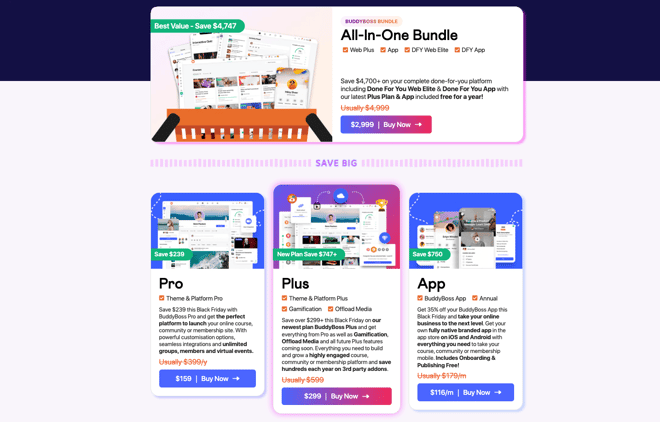 buddyboss bfcm deals  grab black friday and cyber minday offer 2025  A pricing page with four colorful plan options All In One Bundle Pro Plus and App Each card shows plan features savings and pricing buttons with the All In One Bundle marked as Best Value   Save 27 at the top