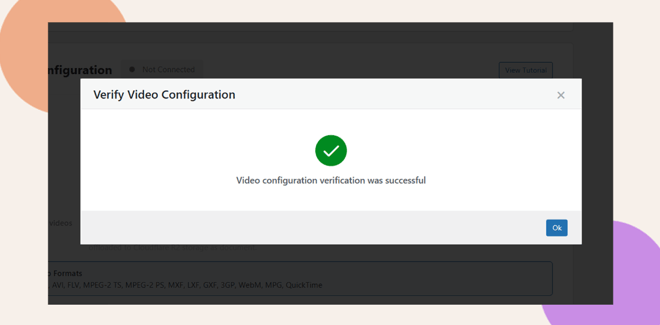 A dialog box with a green checkmark displays the message Video configuration verification was successful and an Ok button on a partially visible web page background