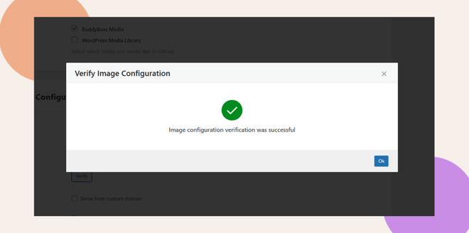 A pop up window displays a message with a green checkmark Image configuration verification was successful An Ok button appears at the bottom right of the pop up