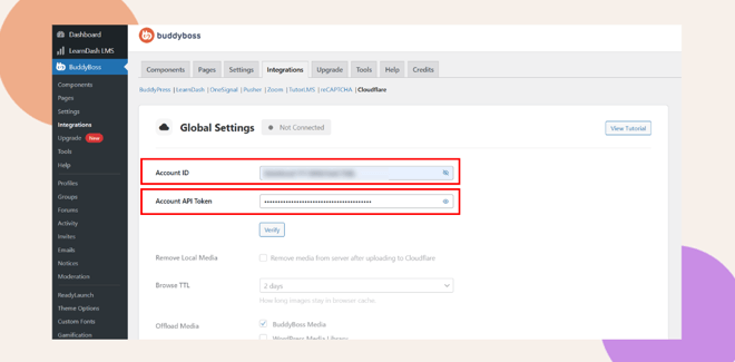 A BuddyBoss settings page displays fields for Account ID and Account API Token both highlighted with red boxes The sidebar menu shows integration options The screens background features rounded color shapes