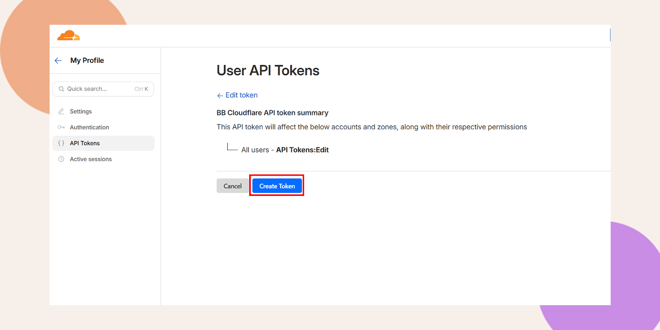 A user interface screen showing the creation of a user API token with the Create Token button highlighted in blue Menu options appear on the left and instructions are displayed in the main section