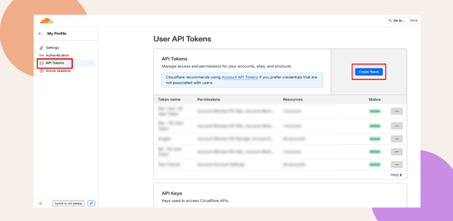 A user interface displays the User API Tokens page API Tokens and Create Token are highlighted The left sidebar shows navigation options and a list of API tokens with their names permissions status and actions is visible