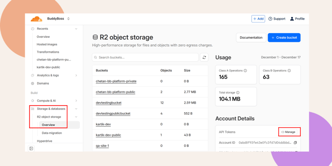 A dashboard for R2 object storage shows buckets usage stats and account details The Storage  databases and R2 object storage menus are highlighted as well as the Manage option under Account Details