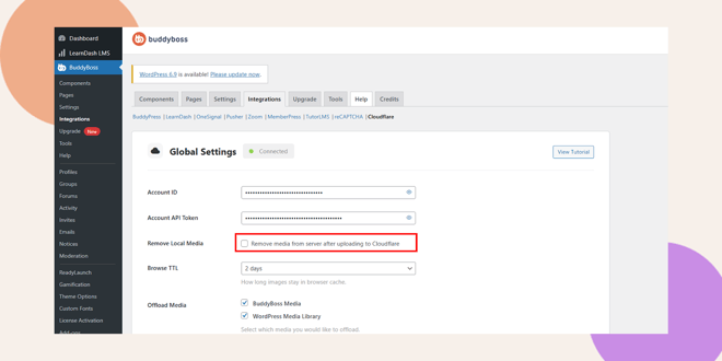 A settings page in the BuddyBoss WordPress dashboard displaying Cloudflare integration options The Remove media from server after uploading to Cloudflare checkbox is highlighted in red The left sidebar menu is visible