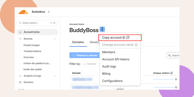 A web dashboard for BuddyBoss is shown with a dropdown menu open under Copy account ID which is highlighted in red Menu options include Members Account API tokens Audit logs Billing and Configurations