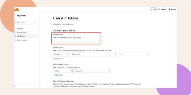 A web page shows a form to create a custom API token with a highlighted box around the Token name input field The page includes sections for permissions resources and IP address filtering