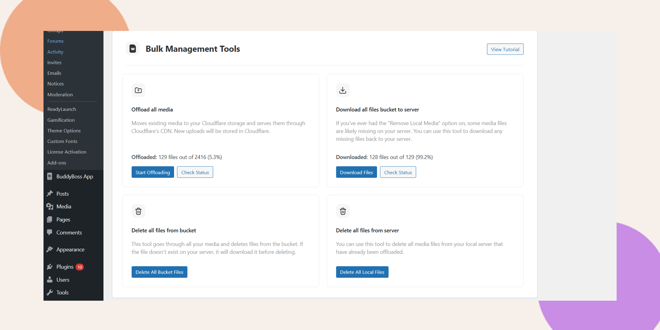 Screenshot of a Bulk Management Tools dashboard with options to offload media download files from a bucket delete files from a bucket and delete files from the server A sidebar menu is visible on the left