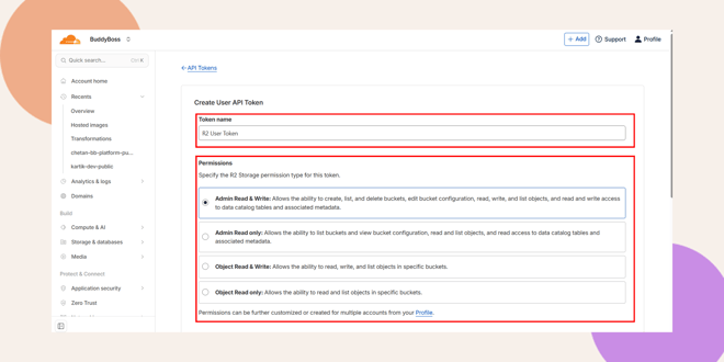 A web interface for creating a user API token shows fields for the token name and permissions The Token name is set to R2 User Token and several permission options are listed below