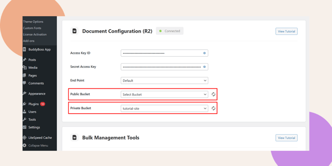 A WordPress admin settings page showing Document Configuration options The Public Bucket dropdown is set to Select Bucket and the Private Bucket is set to tutorial site both fields are highlighted with red boxes