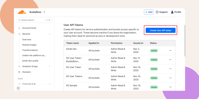 A web dashboard displays a table of User API Tokens with columns for Token Applied To Permission Issued On and Status A blue Create User API Token button is highlighted on the upper right
