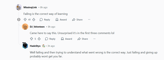 image | BuddyBoss A Reddit thread where users discuss learning from failure The top comment says Failing is the correct way of learning followed by replies agreeing and emphasizing the importance of understanding mistakes to improve