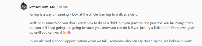 image | BuddyBoss A comment by Difficult bem 324 encouraging perseverance comparing learning from failure to a child learning to walk and emphasizing the importance of support systems There are emojis of walking and a heart at the end