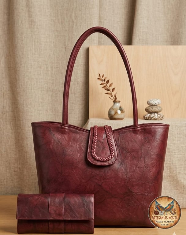 Bolso de cuero fino con billetera color rojo vino