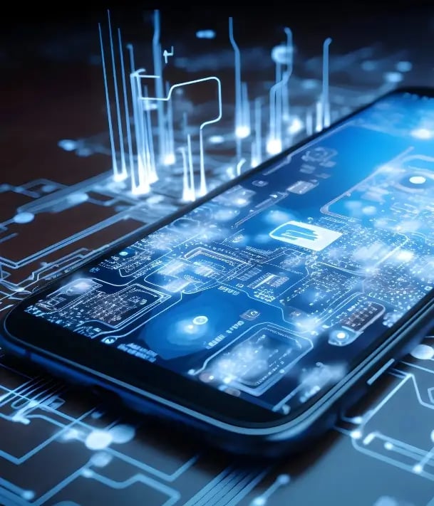 Mobile phone with glowing UI and digital circuit graphics symbolizing app design and development services
