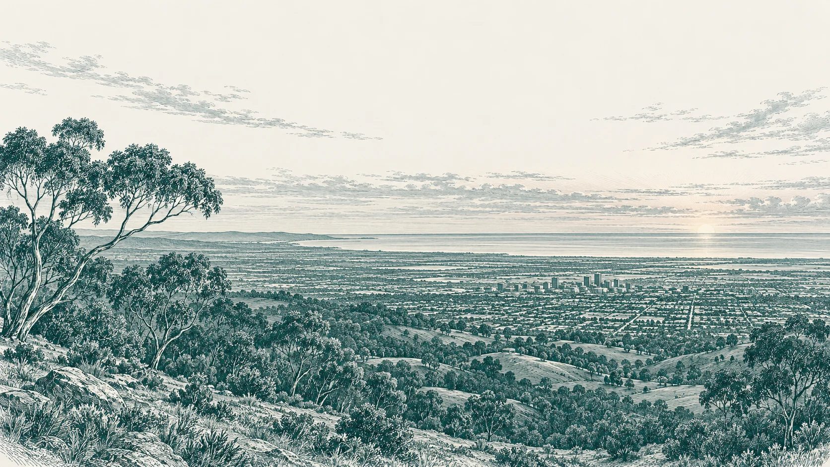 Etched illustration of the view from the Adelaide Hills over the Adelaide plains to the gulf