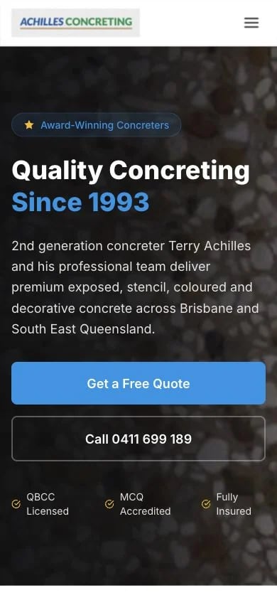 Achilles Concreting concept at mobile width