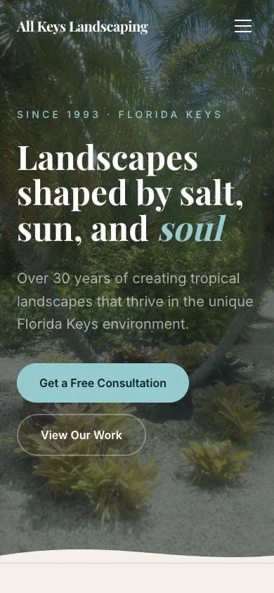 All Keys Landscaping concept at mobile width