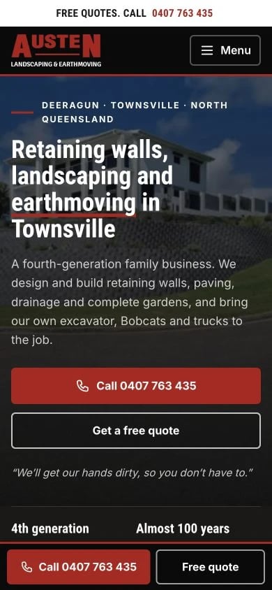 Austen Landscaping & Earthmoving concept at mobile width