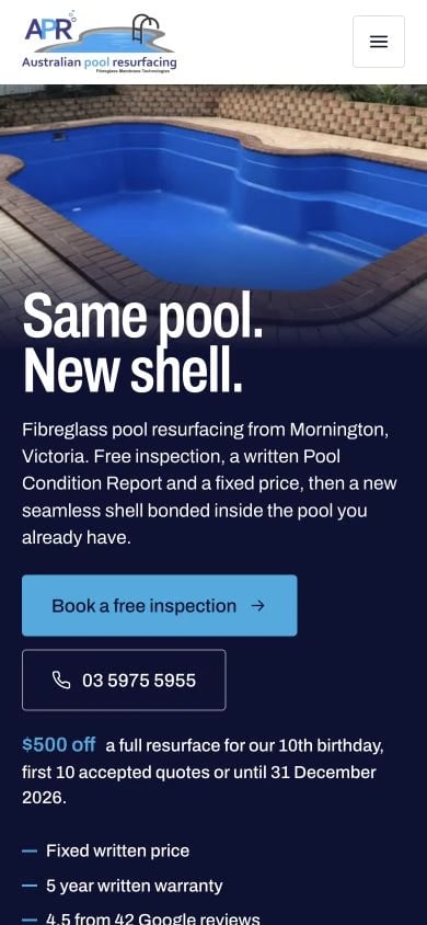 Australian Pool Resurfacing concept at mobile width