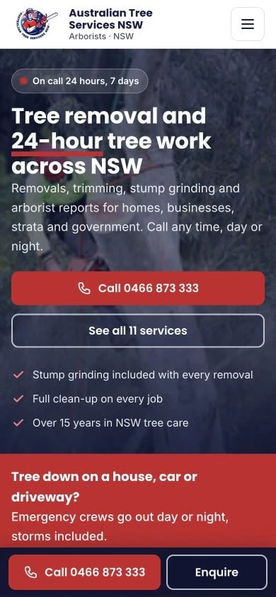 Australian Tree Services NSW concept at mobile width