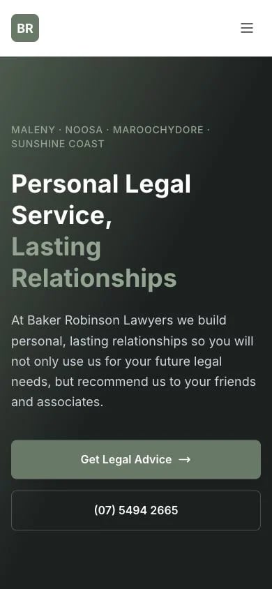 Baker Robinson Lawyers concept at mobile width