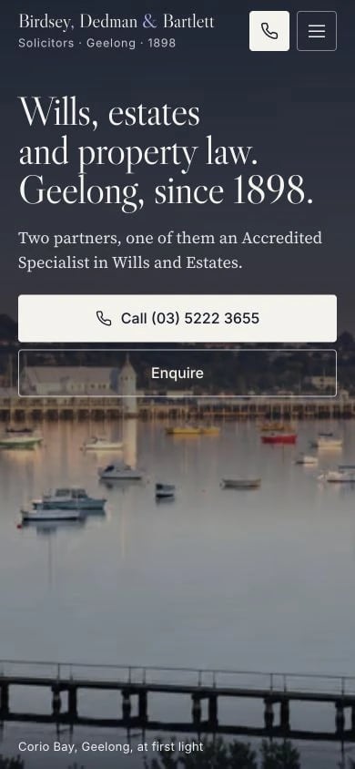 Birdsey, Dedman & Bartlett concept at mobile width