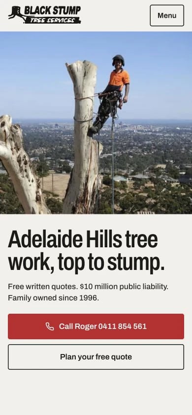 Black Stump Tree Services concept at mobile width