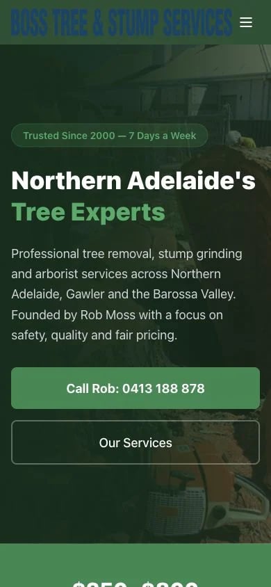 BOSS Tree & Stump Service concept at mobile width