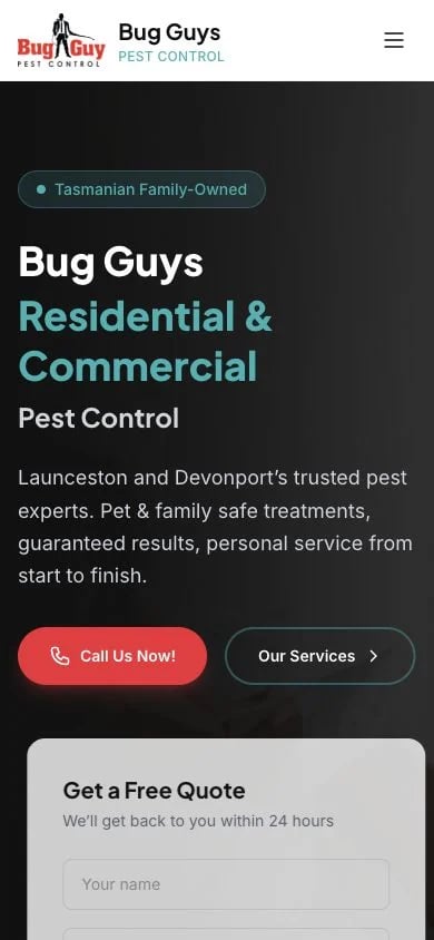 Bug Guys concept at mobile width
