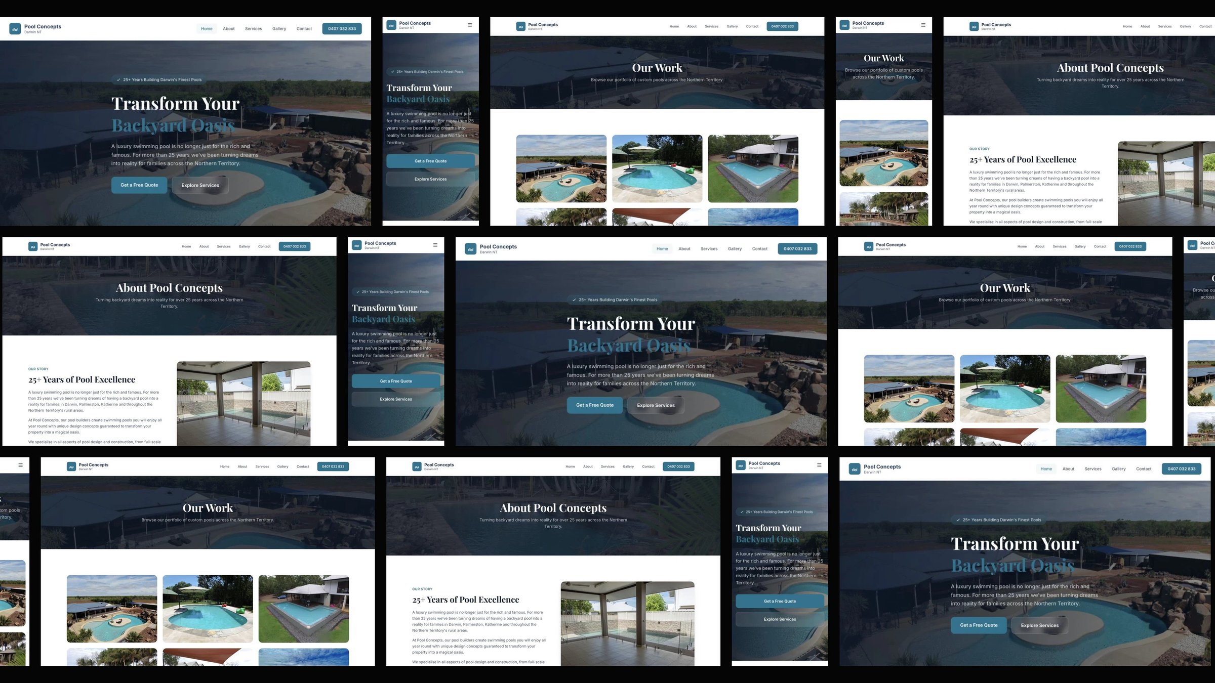 Pool Concepts: desktop and mobile website designs