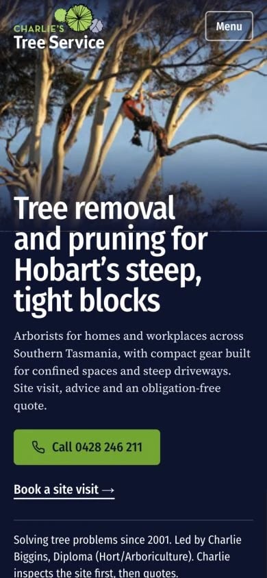 Charlie's Tree Service concept at mobile width