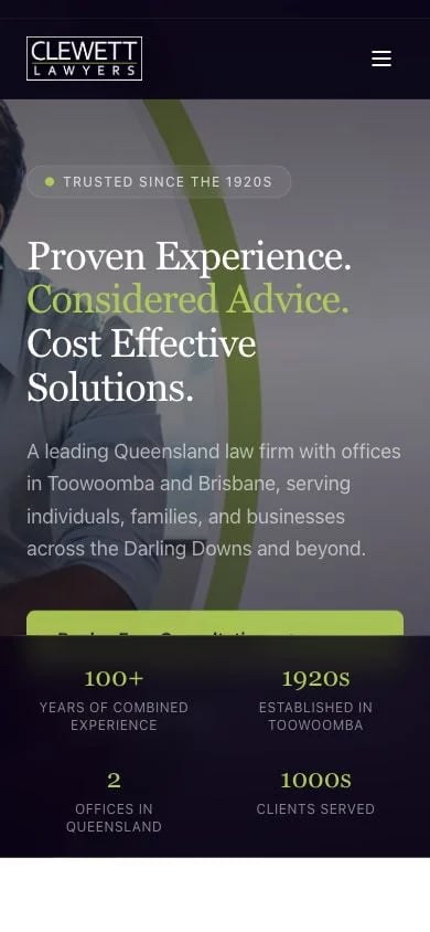 Clewett Lawyers concept at mobile width