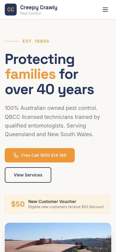 Creepy Crawly Pest Control concept at mobile width
