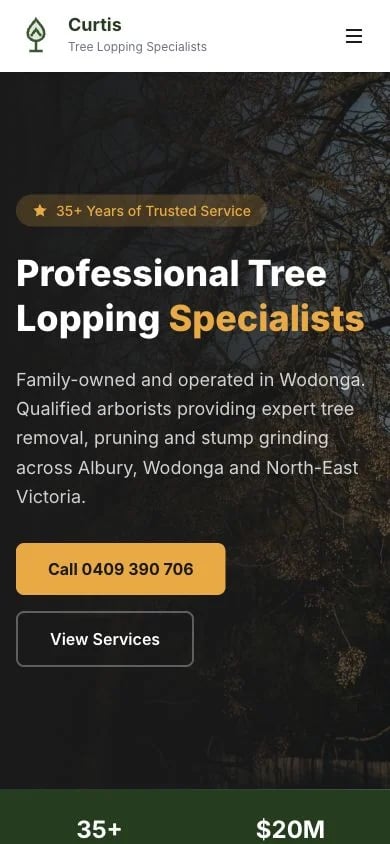 Curtis Tree Lopping Specialists concept at mobile width
