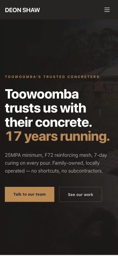 Deon Shaw Concreting concept at mobile width